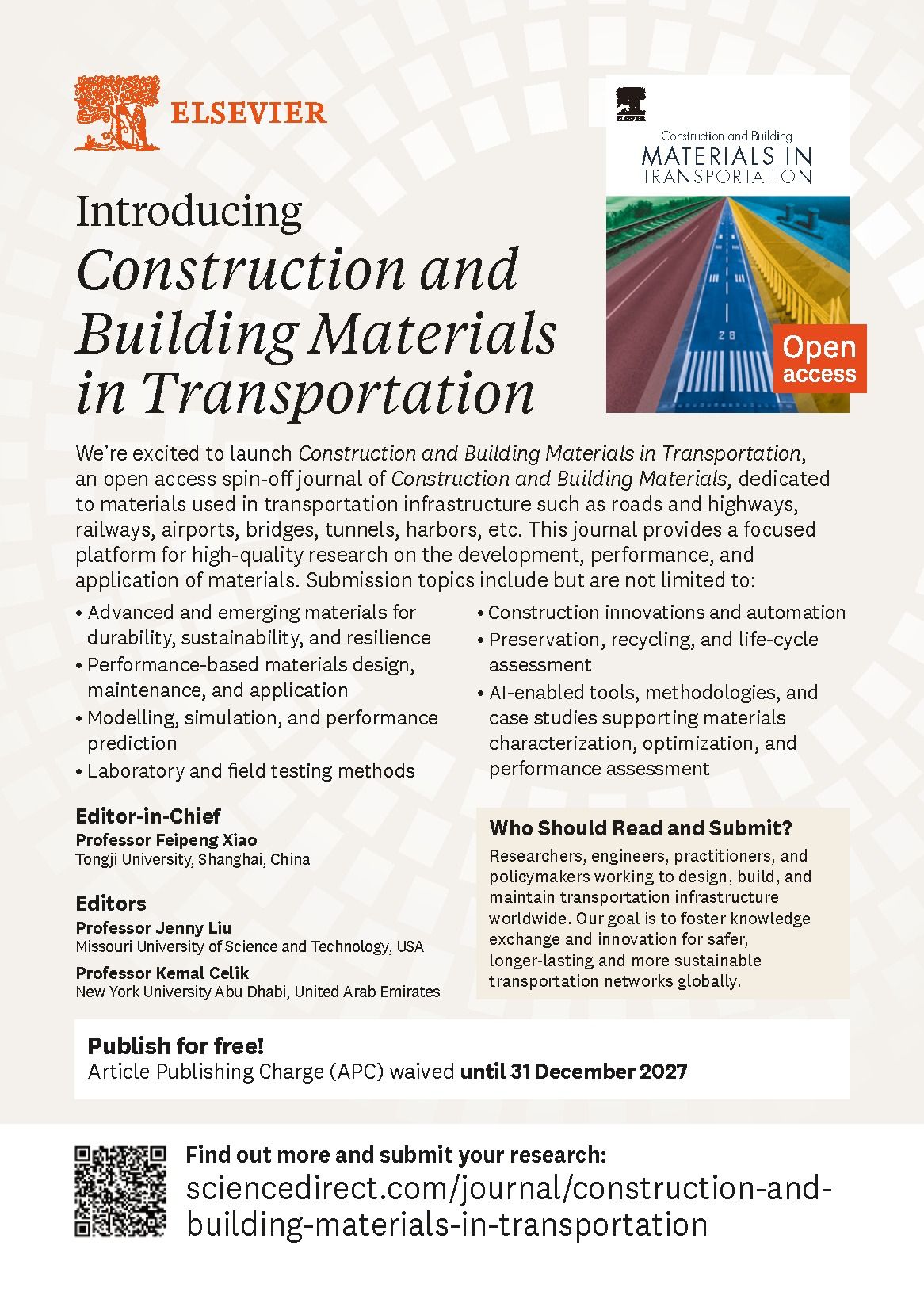 我组导师肖飞鹏教授所任主编的交通工程材料新期刊JCBMTR正式上线